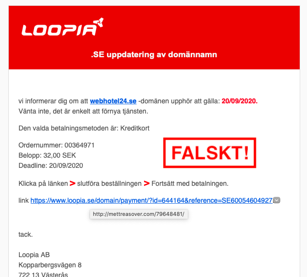 Falskt mail om årsavgift för domännamn
