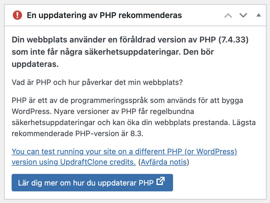 WordPress varning om PHP-version
